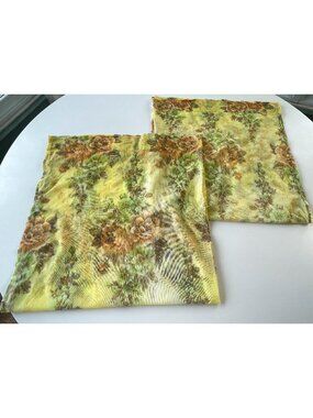 Pair of vintage 1960s curtains, yellow, orange green floral sheer panels